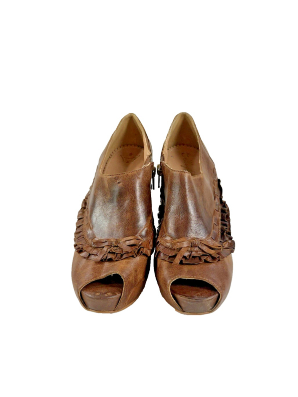 Anthropologie Miss Albright Specialty Leather Heels booties Brown Sz 8 ruffle